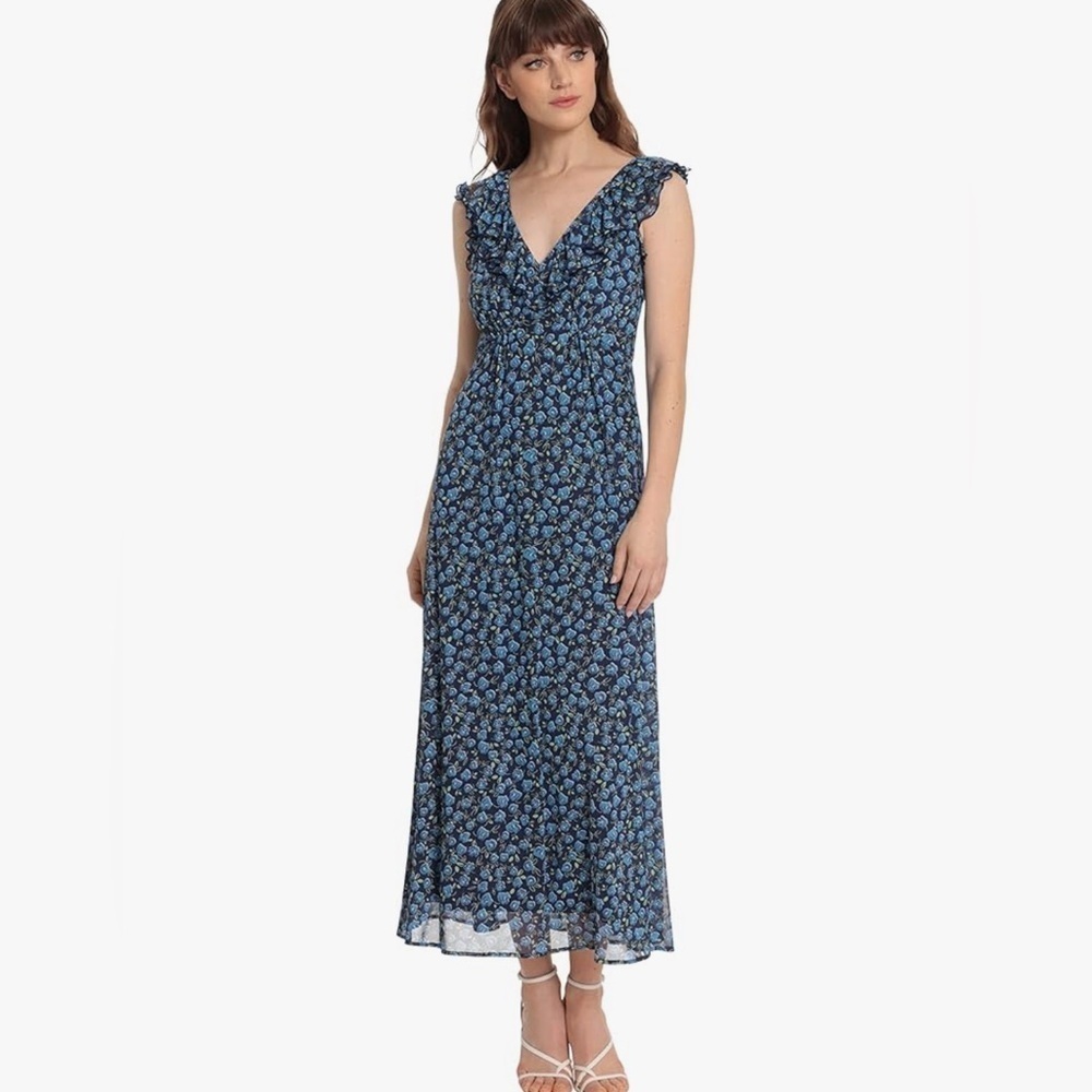 Donna Morgan Women's Floral Printed Ruffle V-Neck Midi Dress NWT SIZE 6